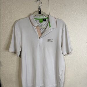 Hugo Boss Men's White Polo Shirt with Tan Accents